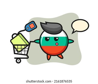 bulgaria flag badge illustration cartoon with a shopping cart , cute style design for t shirt, sticker, logo element