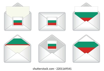 Bulgaria flag in the envelope. Bulgarian stamp flag. Opened, closed Bulgarian letter, isolated on white background.