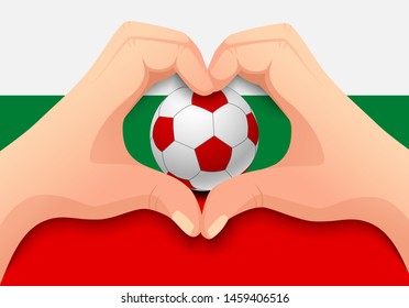 Bulgaria flag and hand heart shape. National football background. Soccer ball with flag of Bulgaria vector illustration
