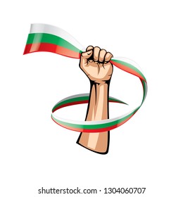 Bulgaria flag and hand on white background. Vector illustration