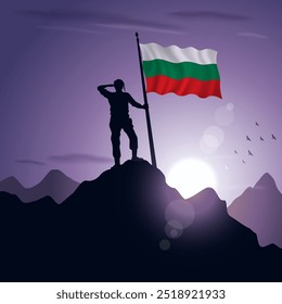 Bulgaria Flag hoisted on a mountain peak with a purplish sunset in the background, vector illustration