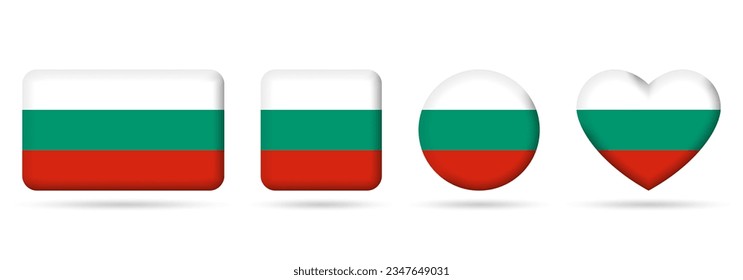 Bulgaria flag icon or badge set. Bulgarian square, heart and circle national symbol or banner. Vector illustration.