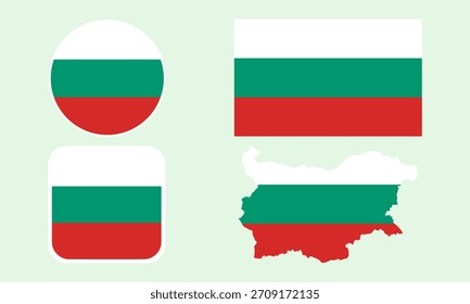 Bulgaria Flag Icon Set in Square, Round, and Map Shapes. Clean Modern Collection. Perfect for use in apps, websites, presentations, infographics, educational materials, travel content