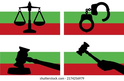 Bulgaria flag with justice vector silhouette, judge gavel hammer and scales of justice and handcuff silhouette on country flag, Bulgaria law concept, design asset, freedom idea
