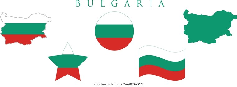 Conjunto de mapas e bandeiras da Bulgária. Bandeira da Bulgária em cores e proporções oficiais. dia da independência 22 setembro, mapa, círculo, estrela e ondulado em forma Bulgária