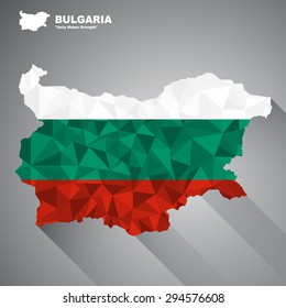 Bulgaria flag overlay on Bulgaria map with polygonal and long tail shadow style (EPS10 art vector)