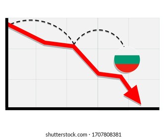 Bandera búlgara con un gráfico de flecha roja que muestra la recesión económica y la caída de las acciones. Crisis, concepto de economía de Bulgaria. Para temas como economía global, economía búlgara, banca, finanzas