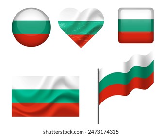 Bulgaria flag set of icons. Vector flag of Bulgaria, symbol. Set of bulgarian flags - button, waved, heart.