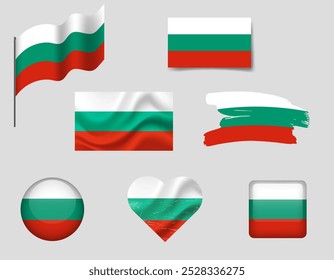 Bandera de Bulgaria conjunto de iconos. Bandera de Vector de Bulgaria, símbolo. Conjunto de banderas búlgaras - Botón, pincel, agitado, corazón.
