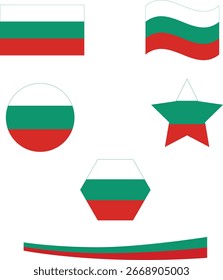 Bandera de Bulgaria conjunto de iconos. Bandera de Vector de Bulgaria, símbolo. Conjunto de banderas búlgaras - círculo, ondeado y estrella	