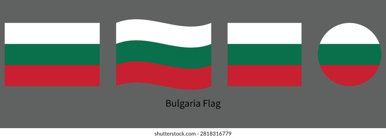 Bulgaria Flag Set with Waving, Circle and Rectangle Shapes Vector Illustration