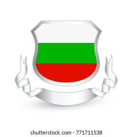 Bulgaria flag in shield and ribbon. Vector illustration.