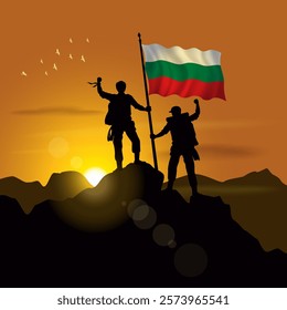 Bulgaria flag, silhouette of two climbers holding flags at sunset