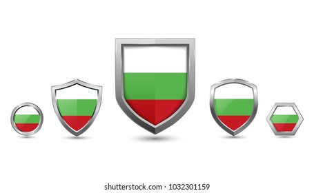 Bulgaria flag - silver badges with different 3 shape shield, circle and hexagon - stock vector illustration