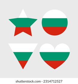 Bulgaria flag vector icons set in the shape of heart, star, circle and map
