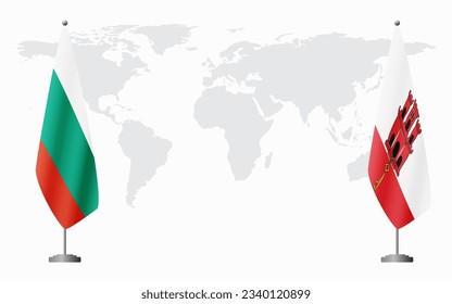 Bulgaria and Gibraltar flags for official meeting against background of world map.