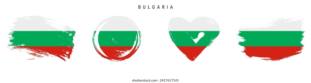 Bulgaria hand drawn grunge style flag icon set. Bulgarian banner in official colors. Free brush stroke shape, circle and heart-shaped. Flat vector illustration isolated on white.
