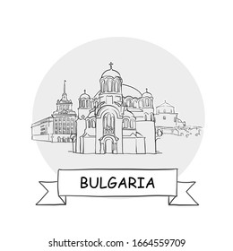 Bulgaria Hand-Drawn Urban Vector Sign. Black Line Art Illustration with Ribbon and Title.