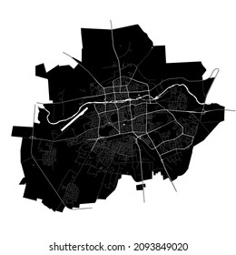 Пловдив, Bulgaria, high resolution vector map with city boundaries, and editable paths. The city map was drawn with white areas and lines for main roads, side roads and watercourses on a black.