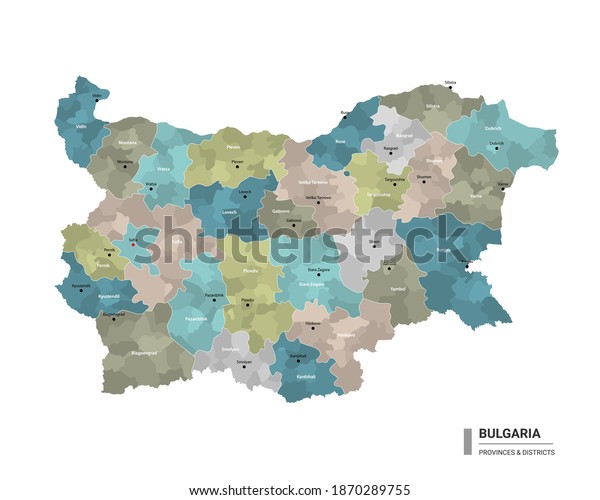 ブルガリアは細かい地図と区画を持つ 国や行政区によって色分けされた 地区や都市名を持つブルガリアの行政地図 ベクターイラスト のベクター画像素材 ロイヤリティフリー