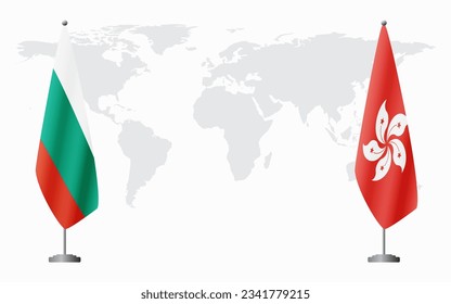 Bulgaria and Hong Kong flags for official meeting against background of world map.