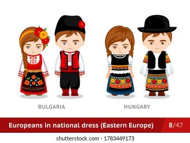 Bulgaria, Hungary. Men and women in national dress. Set of european people wearing ethnic clothing. Cartoon characters in traditional costume. Eastern Europe. Vector flat illustration.