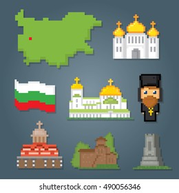 Bulgaria icons set. Pixel art. Old school computer graphic style. Games elements.