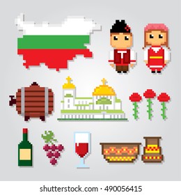 Bulgaria icons set. Pixel art. Old school computer graphic style. Games elements.