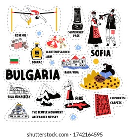 Bulgaria icons set stickers, journey travel landmark. Symbols country. Stickers design. Doodle elements for the invitation, greeting card, banner. Isolated illustration