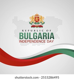 Bulgaria Independence Day 22nd September 2024 Greeting Card with Elegant Waving Flag, National Emblem and Map Illustration. Independence Day of Bulgaria 2024 Background, Banner, Poster, Template. 