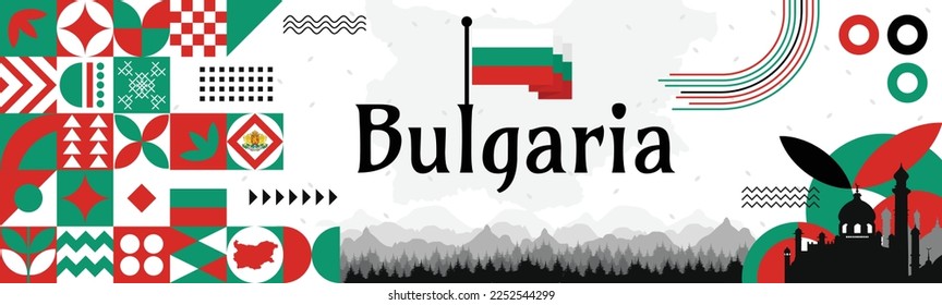 Bulgaria independence Day banner with name and map. Flag color themed Geometric abstract retro modern Design. White, red and green color vector illustration template graphic design.