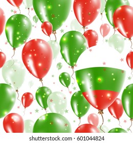 Bulgaria Independence Day Seamless Pattern. Flying Rubber Balloons in Colors of the Bulgarian Flag. Happy Bulgaria Day Patriotic Card with Balloons, Stars and Sparkles.