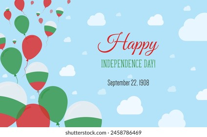 Bulgaria Independence Day Sparkling Patriotic Poster. Row of Balloons in Colors of the Bulgarian Flag. Greeting Card with National Flags, Blue Skyes and Clouds.