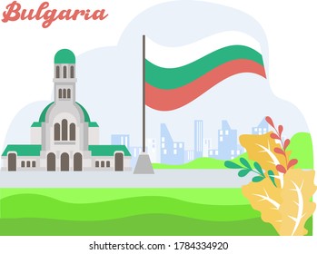 Bulgaria Independence Day vector concept: Rila Monastery besides Bulgaria national flag on the field