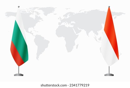 Bulgaria and Indonesia flags for official meeting against background of world map.