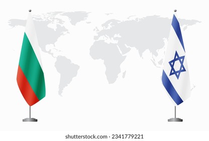Bulgaria and Israel flags for official meeting against background of world map.