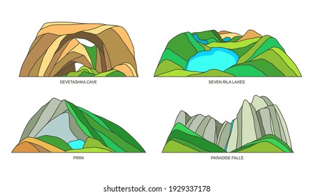Bulgaria landmarks, natural landscape and travel sightseeing places, vector flat icons. Bulgarian mountains and Pirin national park, Paradise falls and Devetashka cave, Balkan Eastern Europe tourism