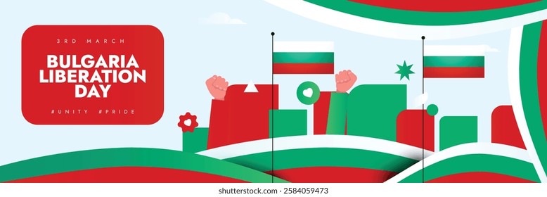 Bulgaria Liberation Day. 03 March 2025. Bulgaria Liberation Day banner with Bulgarian flag and raised fists symbolizing unity and pride, shows dynamic celebration and national pride. Illustration.