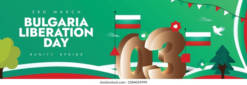 Bulgaria Liberation Day 3 March 2025. Bulgaria Liberation Day banner in vibrant green background with Bulgarian flag and trees at the bottom, shows celebratory and patriotic mood. Vector Illustration.