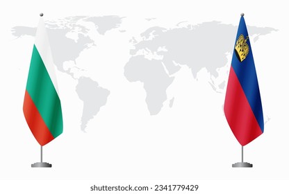 Bulgaria and Liechtenstein flags for official meeting against background of world map.