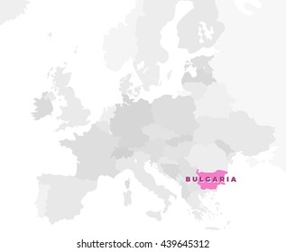 Bulgaria location modern detailed map. All european countries without names. Vector template of beautiful flat grayscale map design with selected country name text and border location