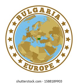 Bulgaria logo. Round badge of country with map of Bulgaria in world context. Country sticker stamp with globe map and round text. Vector illustration.