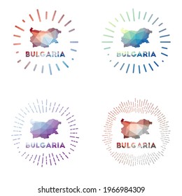 Bulgaria low poly sunburst set. Logo of country in geometric polygonal style. Vector illustration.