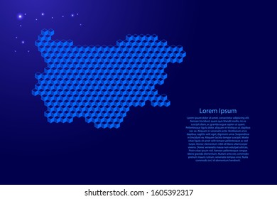 Bulgaria map from 3D classic blue color cubes isometric abstract concept, square pattern, angular geometric shape, glowing stars. Vector illustration.
