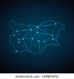 Bulgaria Map - Abstract geometric mesh polygonal network line, structure and point scales on dark background with lights in the form of cities. Vector illustration eps 10.