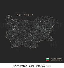 Bulgaria map abstract geometric mesh polygonal light concept with black and white glowing contour lines countries and dots on dark background. Vector illustration.