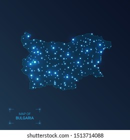 Bulgaria map with cities. Luminous dots - neon lights on dark background. Vector illustration.