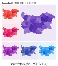 Bulgaria map collection. Country shape with colored regions. Deep Purple, Red, Pink, Purple, Indigo, Blue color palettes. Border of Bulgaria with provinces for your infographic. Vector illustration.