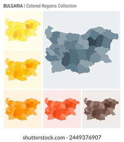 Bulgarien Karte Kollektion. Form des Countrys mit farbigen Bereichen. Blau grau, gelb, bernsteinfarben, orange, tieforange, braune Farbpaletten. Grenze von Bulgarien mit Provinzen für Ihre Infografik.