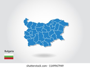 bulgaria map design with 3D style. Blue bulgaria map and National flag. Simple vector map with contour, shape, outline, on white.